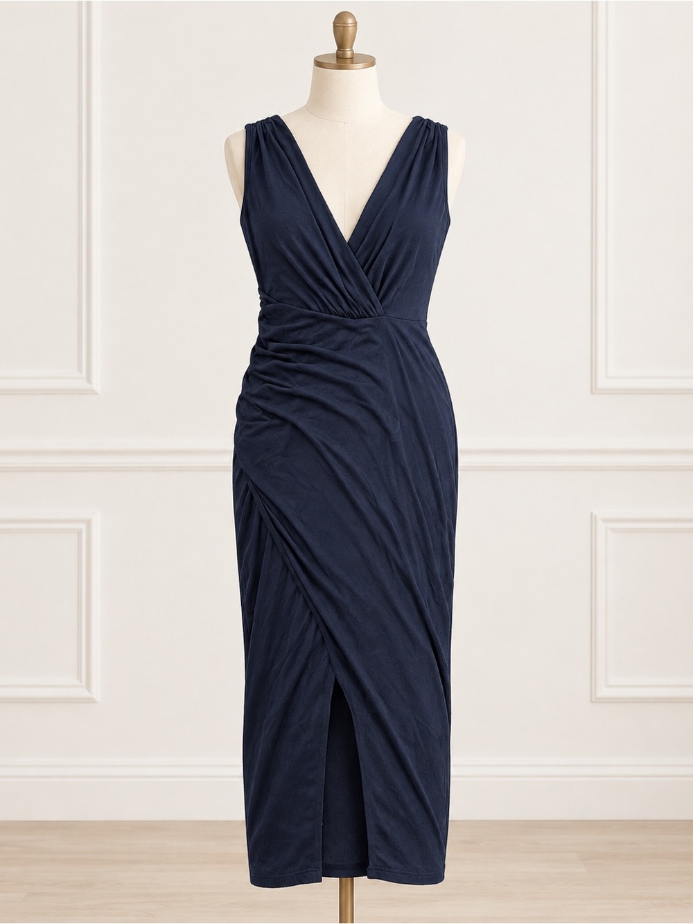 Navy Sleeveless Wrap Midi Dress